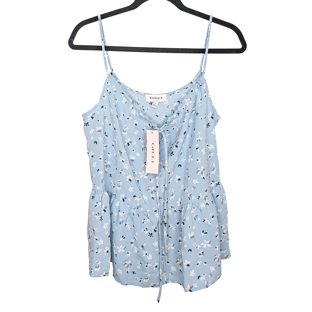Gilli Grace Tank Top Women Medium Blue Floral Peplum Tie Front Camisole NWT